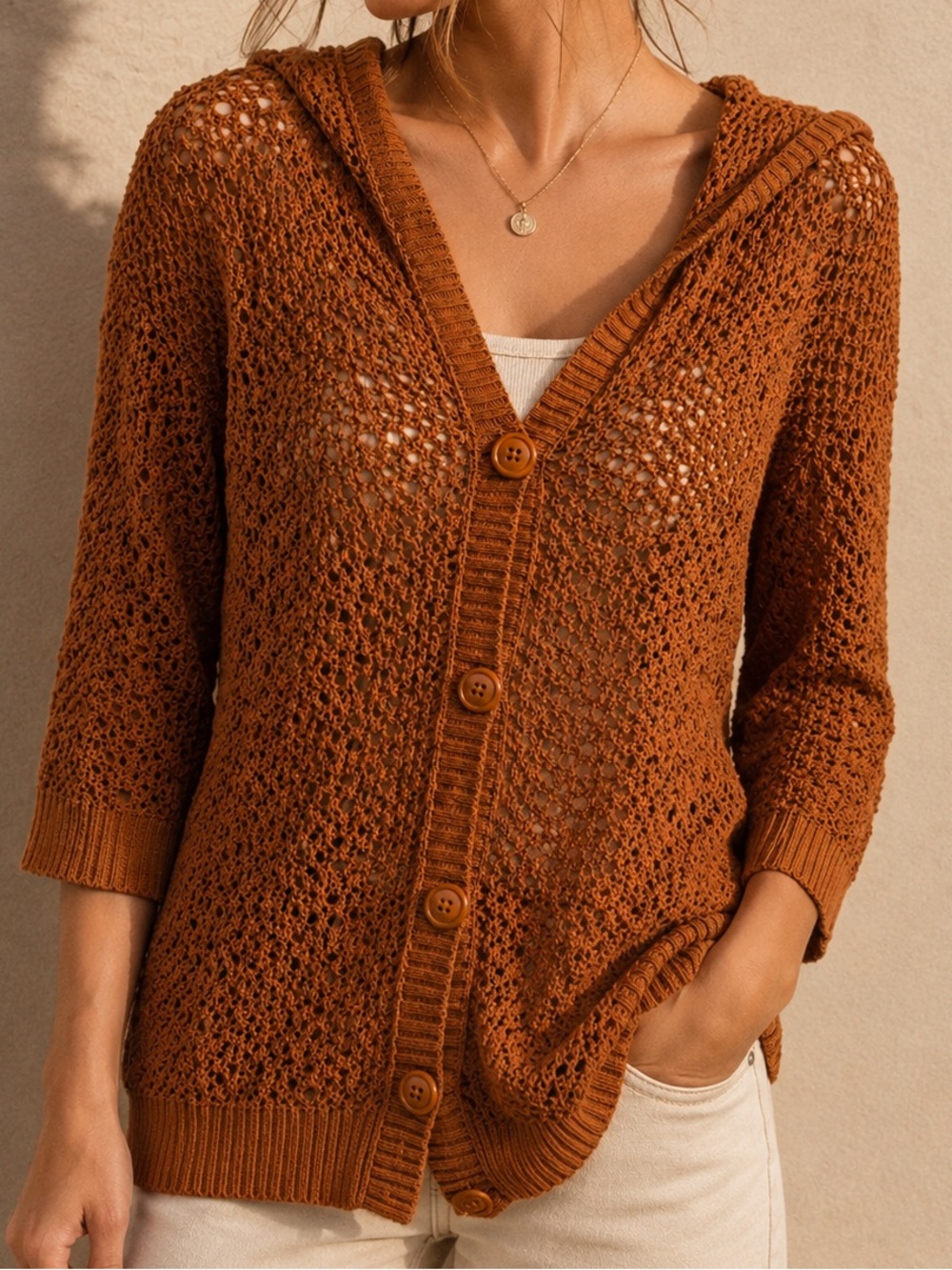Y2K NorthCrest Classic Medium Rust Crochet Open Knit Cotton Hooded Cardigan Boho